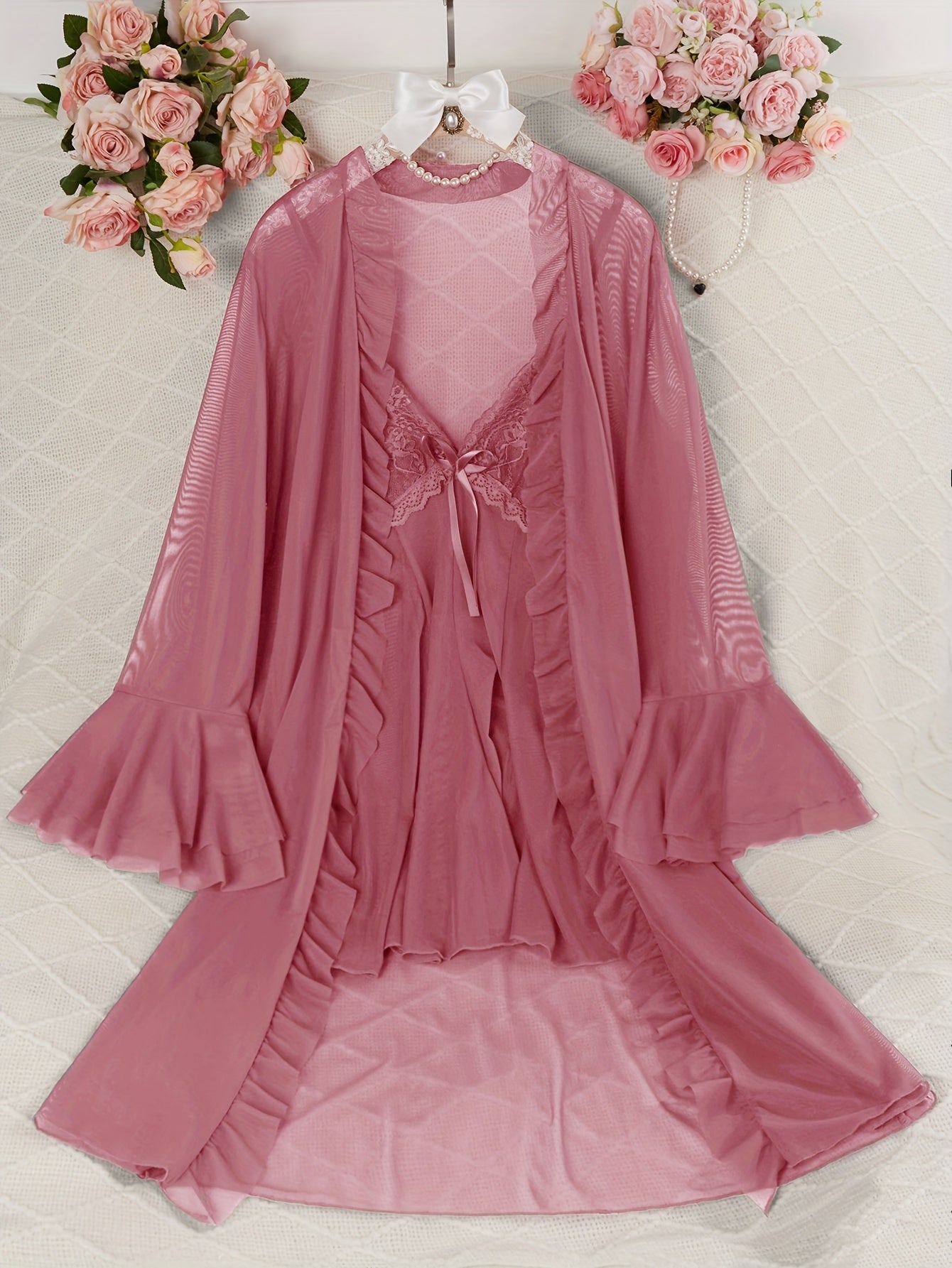 Sexy Mesh Semi-Sheer Strap+Cute Ruffle Long Sleeve Lightweight Mesh Outerwear Pajama Set