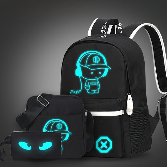 New casual Men's backpack set, large capacity to store 15.6-inch laptops, night fluorescent backpack, three piece travel dual-use backpack