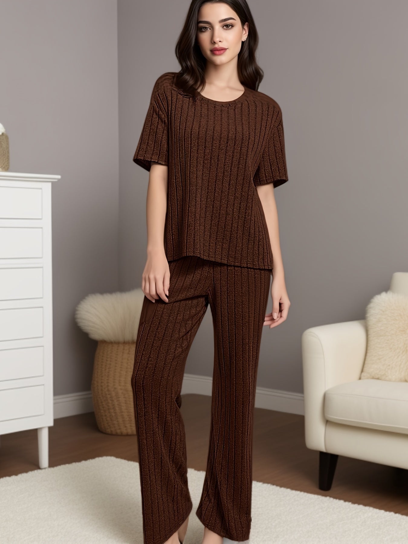 Women's Solid Ribbed Elegant Loose Fit Lounge Set, Short Sleeve Round Neck Top & Pants, Comfortable Relaxed Fit