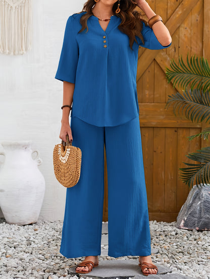 Women'S Large Size Elegant Wide Leg Pants Short Sleeve Top Set with Fake Buttons, YUKIWI