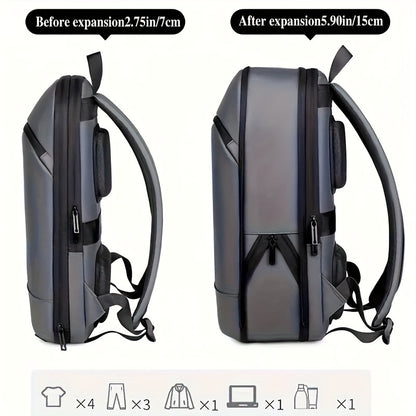 Business Style Expandable Backpack, Faux Leather, Durable Smooth Zipper, Multi-Pad Laptop Bag, Casual Daypack, Suitable for Daily Commute, Outdoor Business Travel, Ideal Gift for Holidays, Black, Dark Grey, Light Grey Options