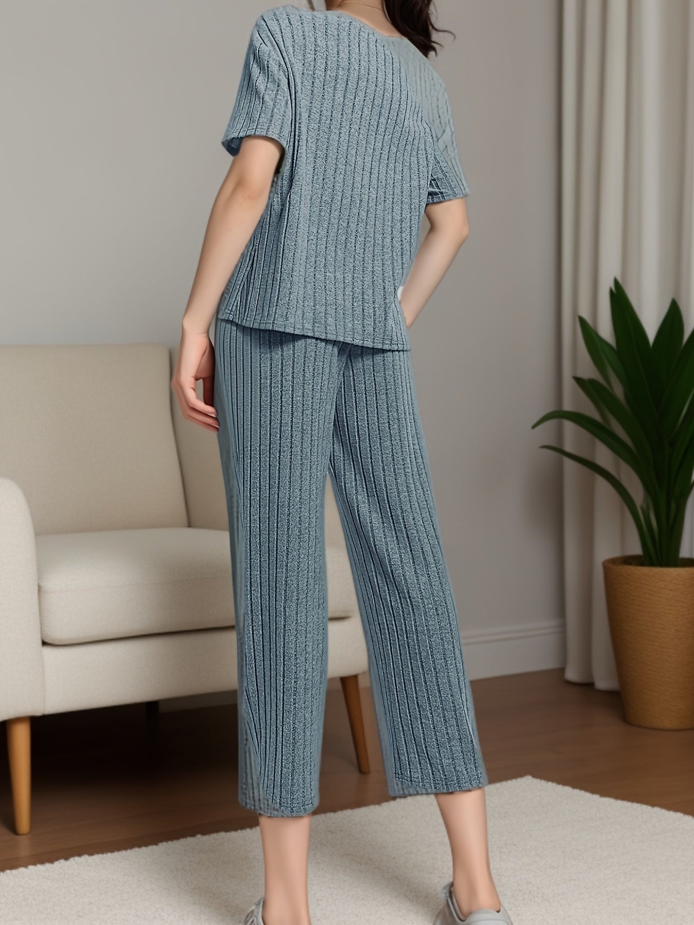 Women's Solid Ribbed Elegant Loose Fit Lounge Set, Short Sleeve Round Neck Top & Pants, Comfortable Relaxed Fit