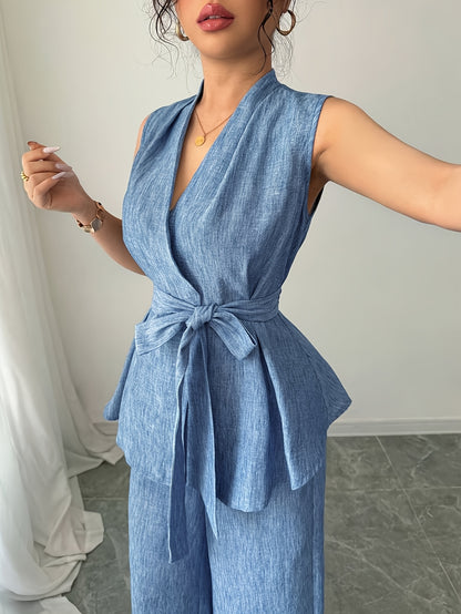 Women'S Elegant Two-Piece Summer Set - Sleeveless V-Neck Crop Top with Tie Detail & High-Waisted Wide-Leg Pants, Solid Color, Perfect for Spring/Summer, Casual Attire|Elegant Two-Piece Set|Polyester Fabric