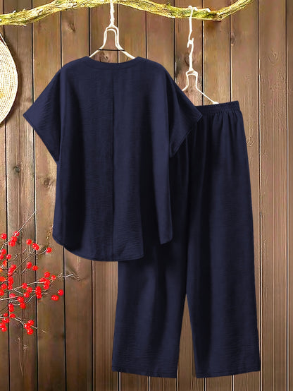 Women'S Solid Color V-Neck Short Sleeve Shirt with Elastic Waist Wide-Leg Pants Two-Piece Set