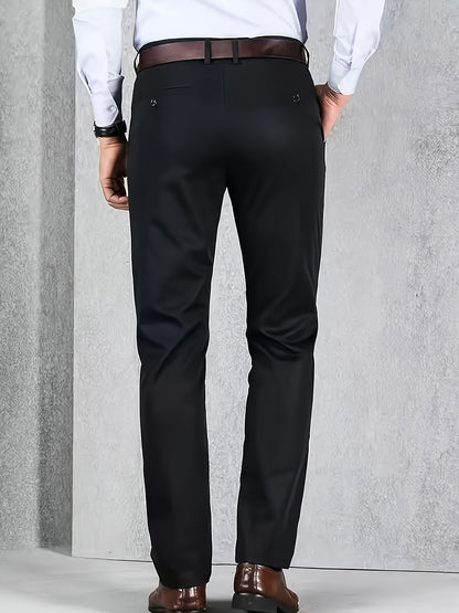 [Durable Build] Men's All-Season Casual Dress Pants - Business Style Stretch Trousers, Comfortable Classic Design, Light Brown Polyester Blend, Machine Washable, Smooth Finish, Regular Fit for Office or Leisure Wear