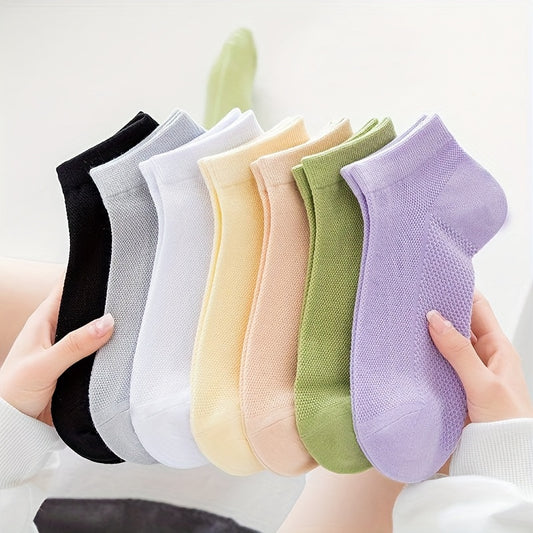 7 Pairs Women's Comfy Breathable Ankle Socks - Soft Stretchy Ribbed Cuff, Assorted Solid Colors, Hand Wash Only for Everyday Casual Wear, Comfortable Hosiery, Simple Sock Design