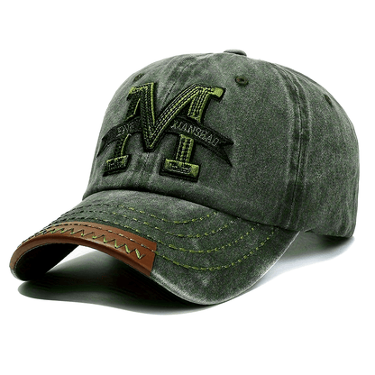 1pc Vintage Washed Cotton Baseball Cap with Embroidered Letter "M" - Adjustable Snapback, Lightweight Sun Hat for Men & Women, Black with Brown Band, Adjustable Baseball Cap