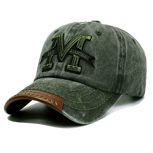 1pc Vintage Washed Cotton Baseball Cap with Embroidered Letter "M" - Adjustable Snapback, Lightweight Sun Hat for Men & Women, Black with Brown Band, Adjustable Baseball Cap