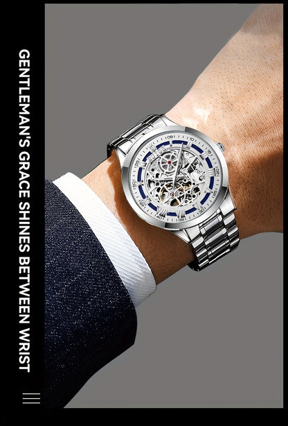 Dianpai Men'S Luxury Automatic Mechanical Watch - Skeleton Design, Stainless Steel Strap, Blue & White Dial, Mechanical Movement, Ideal for Christmas, Thanksgiving, and Spring Festival, Without Battery