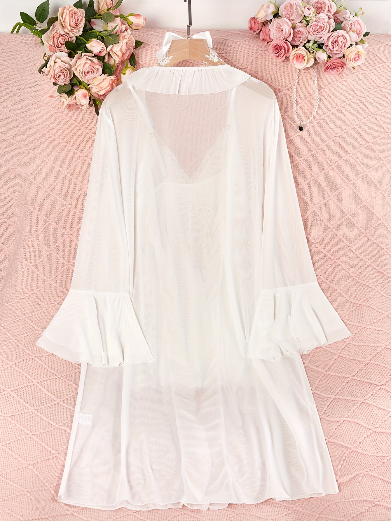 Sexy Mesh Semi-Sheer Strap+Cute Ruffle Long Sleeve Lightweight Mesh Outerwear Pajama Set