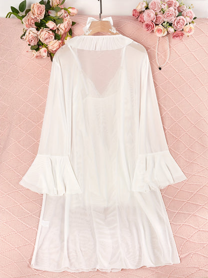 Sexy Mesh Semi-Sheer Strap+Cute Ruffle Long Sleeve Lightweight Mesh Outerwear Pajama Set