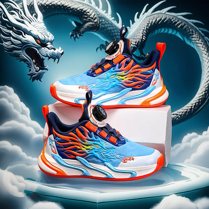 Youth Rotary Buckle Striped Cross-Training Sneakers - Low Top PU Upper, Fabric Inner, PVC Sole, Fabric Insole for Ages 14 and Under - Stylish Fitness Running Shoes for