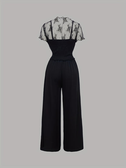 Elegant Mesh Long Sleeve Crop Top & Bodycon Wide-Leg Jumpsuit Set - Chic V-Neck, Ruched Detail, Black Mesh Blouse with Spaghetti Straps, Wide Leg Pants for Spring/Summer, Women'S Fashion, Clothing | Relaxed Fit | Chic Desig