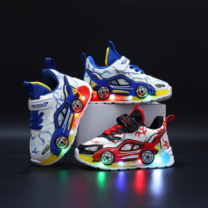 2024 Fall New Youngsters' Boys' Sports Shoes with Cartoon Flashing Lights - Youngsters' Light-Up Running Shoes, Thin, LED, for Ages 1-3-6, PVC Sole, EVA Insole, Hook & Loop Closure, Perfect for Casual Wear
