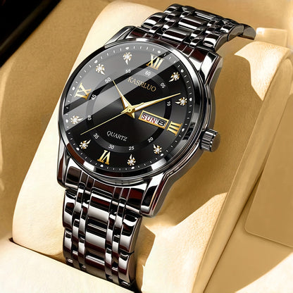 1pc KASRLUO Men'S Business Sports Watch - Stainless Steel Band, Double Date Display, Quartz Movement, Round Alloy Case, Electronic Drive, Calendar Feature, Ideal Gift for Men, KASRLUO