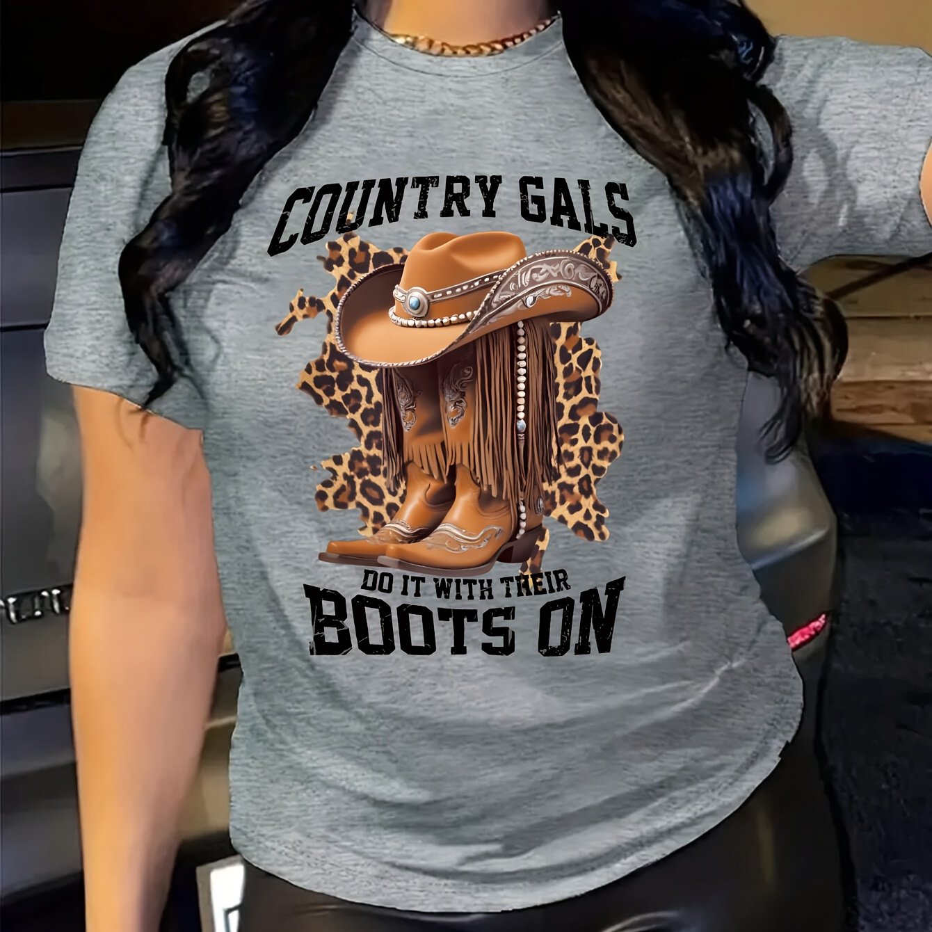 Women's Casual Short Sleeve T-Shirt with Cartoon Cowboy Boots & Leopard Print Graphic, "Country Gals Do It with Their Boots On" Slogan, Vibrant Orange Round Neck Tee, Machine Washable Regular Fit, Allseason Top, Semitranspare