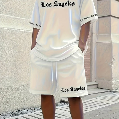 Men'S Los Angeles Graphic Print Casual Sportswear Set - Breathable Summer Short Sleeve T-Shirt & Drawstring Shorts with Pockets, Regular Fit, Crew Neck, Comfortable & Stylish for Casual Attire, Leisure Clothing | Trendy Sport