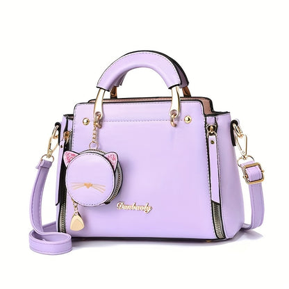 Women'S Fashion Cat Head Handbag, 2025 Trendy Shoulder Bag with Zipper Closure, Polyester Lined, Painted Edges, Versatile Solid Color - White, Red, Black, Pink, Khaki, Grey, Blue, Green, Purple, Light Blue