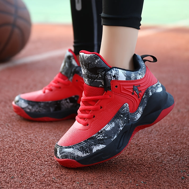 Youth Mid-Top PU Sports Sneakers - Comfortable, Lace-Up Basketball Shoes with Red & Black Design, TPR Sole for Outdoor Training, Running & Casual Wear, Basketball Shoes