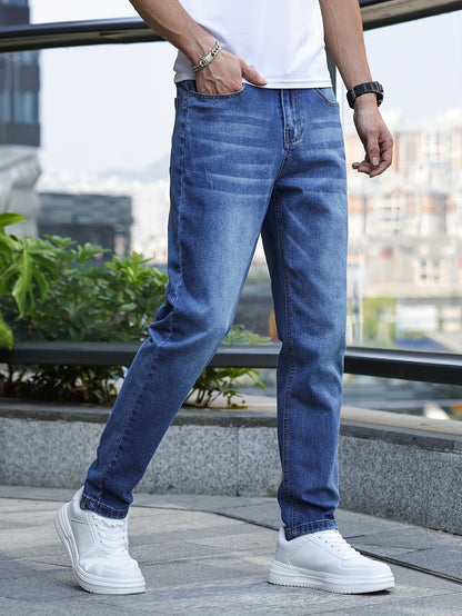 Men's Solid Skinny Cotton Blend Denim Jeans, All Seasons Wearable Medium Stretch Washed Jeans, Suitable For Daily And Outing Wear