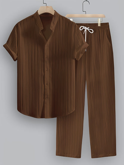 2-Piece Men's Summer Striped Polyester Suit, Short Sleeve Stand Collar Shirt and Drawstring Pants, Non-Stretch Fabric, Suitable for Casual Wear and Beach Vacation, Solid Color