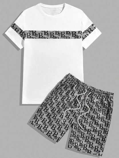 A fashionable letter print design T-shirt set, featuring a combination of round neck, short sleeves and shorts, is casual, simple, comfortable and soft. It is a two-piece set for Men's summer daily casual wear