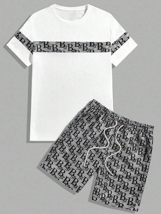 A fashionable letter print design T-shirt set, featuring a combination of round neck, short sleeves and shorts, is casual, simple, comfortable and soft. It is a two-piece set for Men's summer daily casual wear