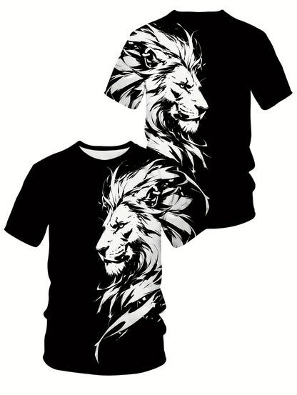 New Lion 3D Print Pattern, Casual Short Sleeve Round Neck T-Shirt, Outdoor Men's Clothing