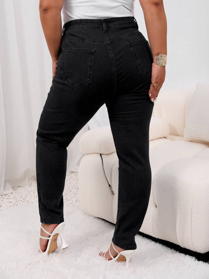 Plus Size Casual Jeans, Women's Plus Solid Button Fly High Rise High Stretch Jeans
