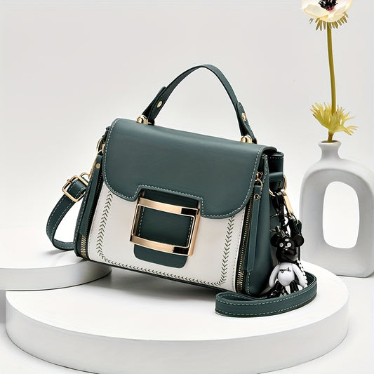 Fashion Color Contrast Handbag, Women's Buckle Decor Crossbody Bag, Elegant Top Handle Mini Square Purse