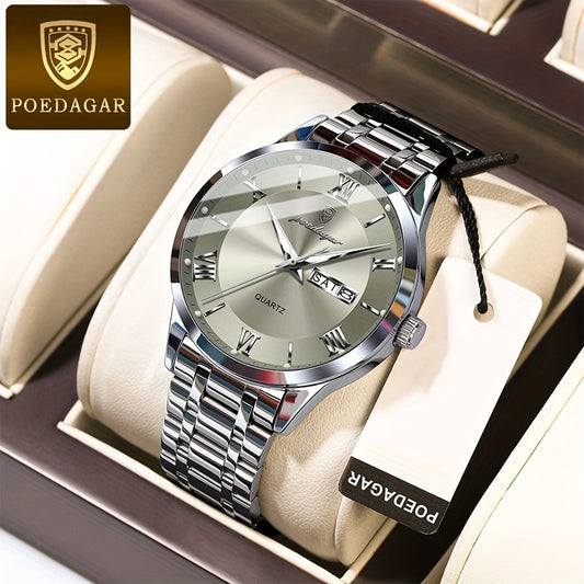 POEDAGAR Men'S Quartz Watch, Sports Style, Waterproof 3ATM, Luminous Calendar, Stainless Steel Strap, Pointer Display, Alloy Case, Electronic Drive, Non-Rechargeable Button Battery, with Spring Festival and Football Holiday T
