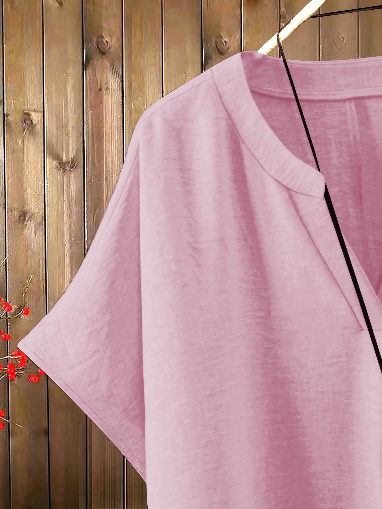 Women'S Solid Color V-Neck Short Sleeve Shirt with Elastic Waist Wide-Leg Pants Two-Piece Set