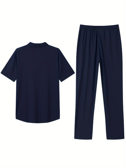 Men's Slim-Fit Casual & Joggers Set - Breathable Polyester, Short Sleeve, Summer Outdoor Wear
