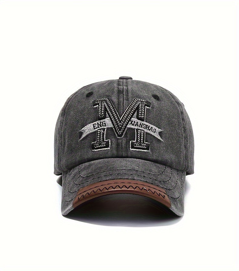 1pc Vintage Washed Cotton Baseball Cap with Embroidered Letter "M" - Adjustable Snapback, Lightweight Sun Hat for Men & Women, Black with Brown Band, Adjustable Baseball Cap