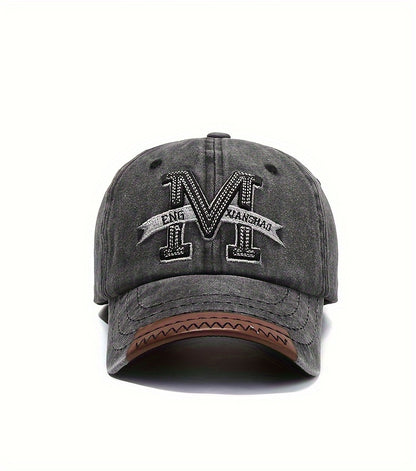 1pc Vintage Washed Cotton Baseball Cap with Embroidered Letter "M" - Adjustable Snapback, Lightweight Sun Hat for Men & Women, Black with Brown Band, Adjustable Baseball Cap