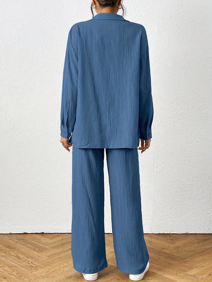 2pcs Women Spring & Autumn Casual Solid Color Long Sleeve Shirt And Pants Set