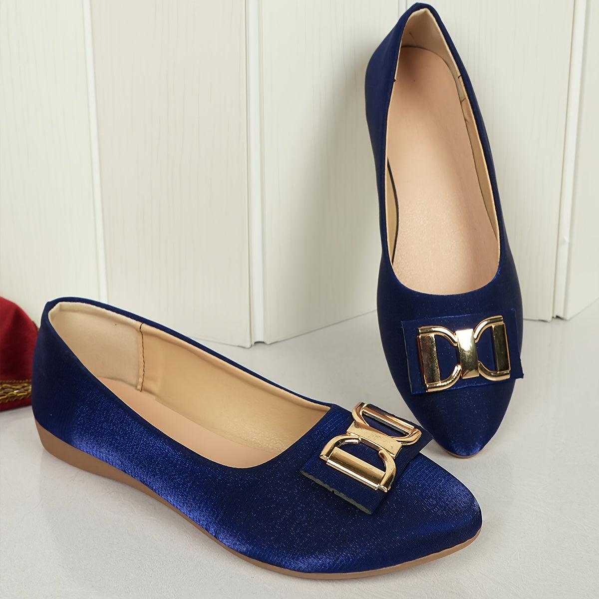 Women's Elegant Red Slip-On Flats with Golden Double Buckle Design - Comfortable Faux Cover Shoes for All Seasons, Pointed Toe Rubber Sole, Perfect for Casual or Dressy Occasions, Dressy Flats | Buckle Embellished Shoes | Lux