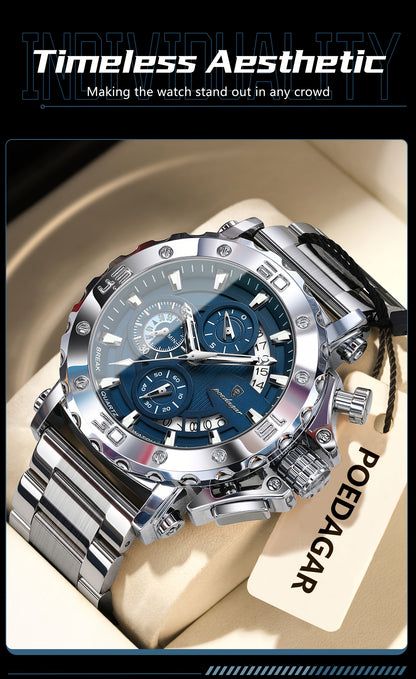 POEDAGAR Men'S Luxury Stainless Steel Business Watch with Date Display, 3ATM Blue Dial, Rotating Bezel, Alloy Case, Quartz Movement - Elegant Formal Accessory, Formal Accessory|Luxurious Watch|Quartz Movement Watch