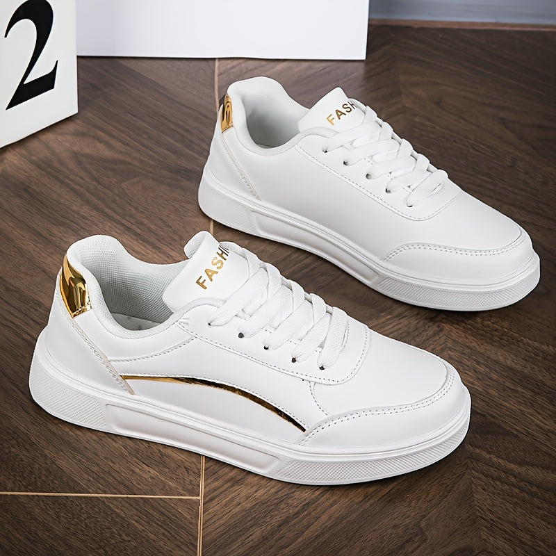 Youngsters' Fashion Sneakers - White PU Upper with Golden Accents, Comfortable & Lightweight Casual Running Shoes for Boys and Girls, All-Season Wear, Low-Top Lace-Up Design, Outdoor Youngsters's Footwear | Fabric Lined Inter