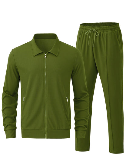 Men's Solid Waffle 2pcs Athletic Outfits, Zip-up Jacket & Pants co ord set for Outdoor Sports