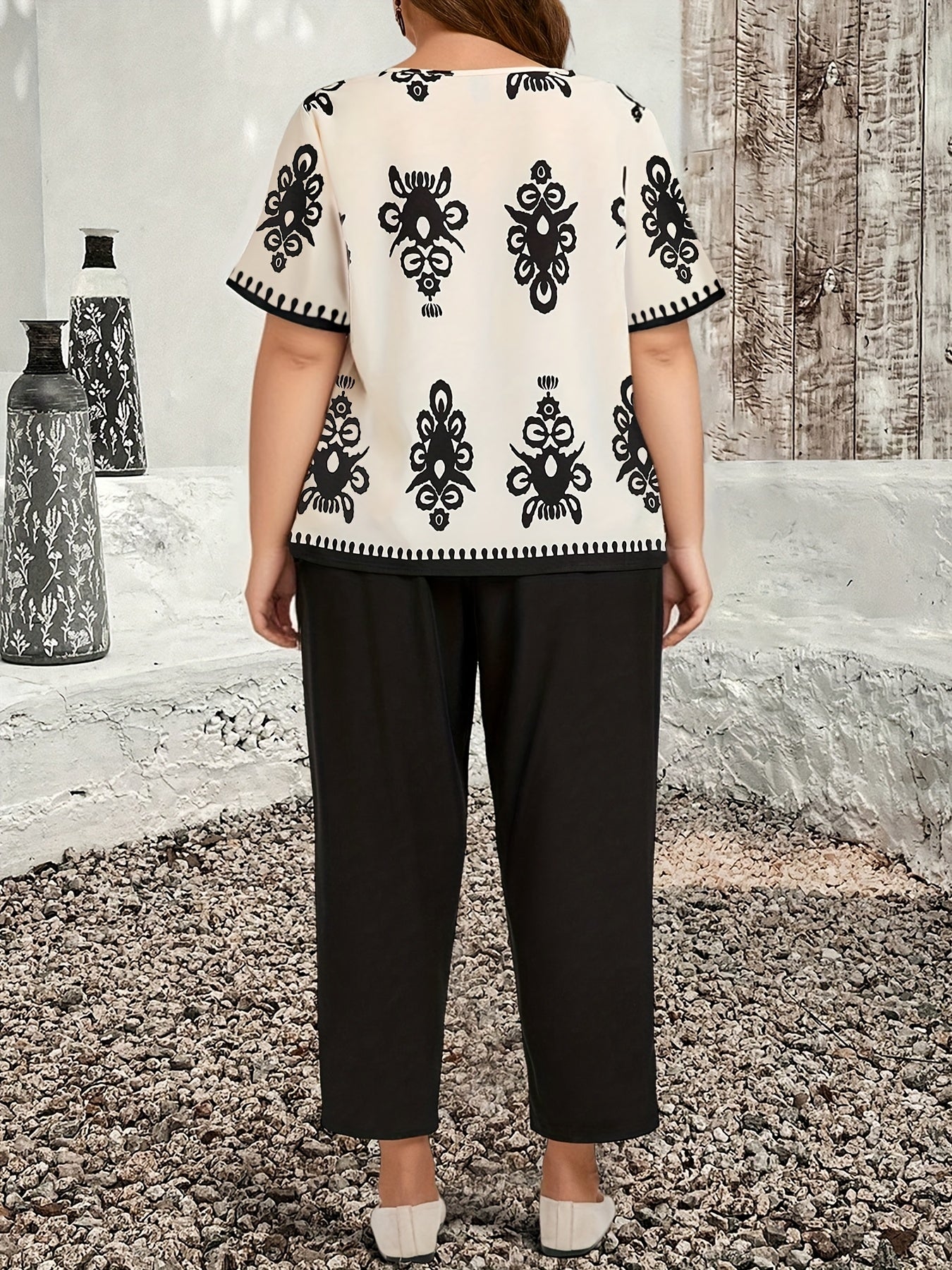 Plus Size Casual Country Print Loose Long Sleeve Pullover and Pants Two-Piece Set, Elegant Autumn Leonie