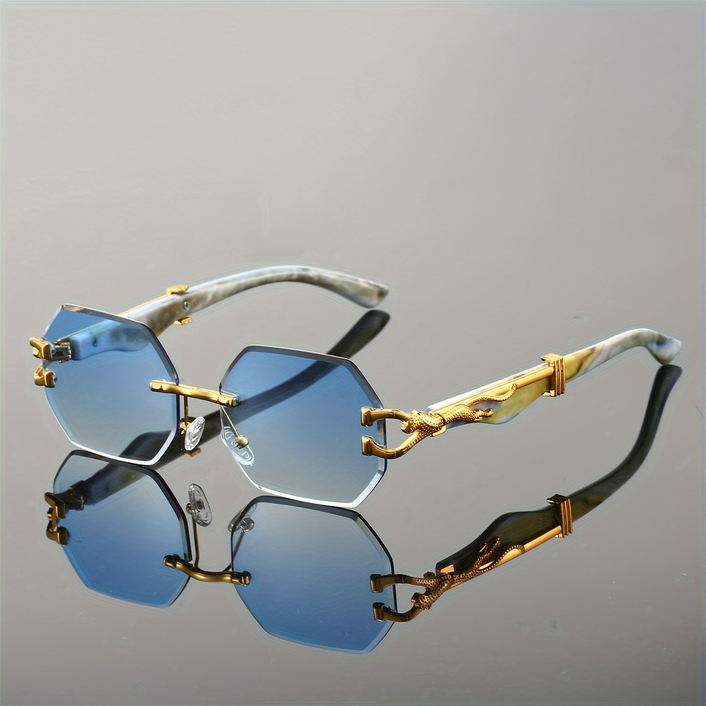 1pc Retro Frameless Glasses for Men & Women, Irregular Shaped PC Lens, Metal Hinge, Climbing Sports, Imitation Wood Grain, Fashionable Decorative Eyewear, Suitable for Daily Wear & Holiday
