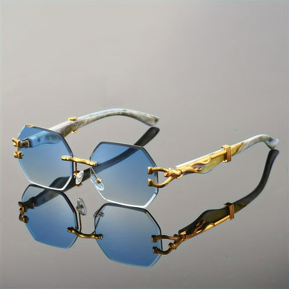 1pc Retro Frameless Glasses for Men & Women, Irregular Shaped PC Lens, Metal Hinge, Climbing Sports, Imitation Wood Grain, Fashionable Decorative Eyewear, Suitable for Daily Wear & Holiday
