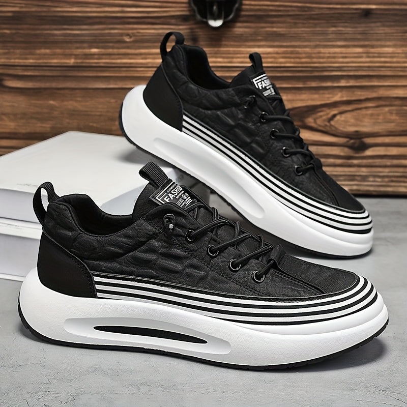 Men's Breathable Casual Sneakers - 2025 Spring New Design, Low-Top Elastic Lace-Up, Grey & White PU Upper with Cushioned EVA Insole & Durable PVC Sole for All-Season Outdoor Running, Gym, Daily Wear, Gym Shoes, Sleek Sporty D