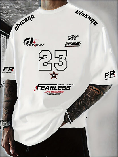 A Men'S Racing Icon #23 3D Print Short-Sleeve T-Shirt - Casual Streetwear, Breathable Sportswear, Round Neck, Summer Fashion Top, Unique Letter Print Design, Made of 100% Polyester, Slightly Stretchy Knitted Fabric, Suitable