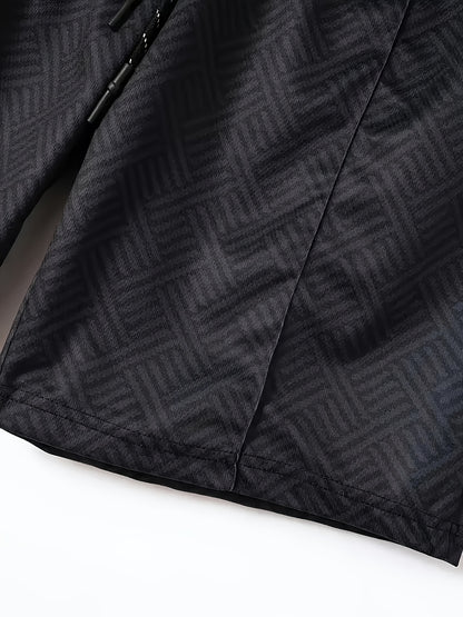 Men'S Tropical Print Casual Suit - Black Short Sleeve Zipper Shirt with White Pockets Shorts, Polyester, Machine Washable, Summer Beachwear, Summer Wear | Relaxed Fit Shirt | Woven Texture