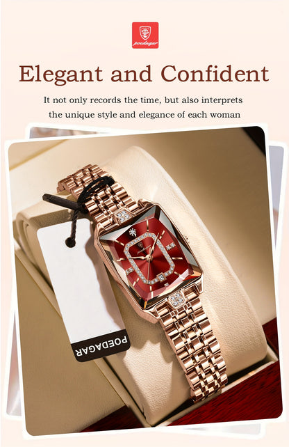 POEDAGAR Elegant Women's Quartz Watch - Rose Golden Stainless Steel, (3ATM), Square Dial with Gemstone Accents, Date Display, Luxury Fashion Accessory for Casual or Formal Occasions