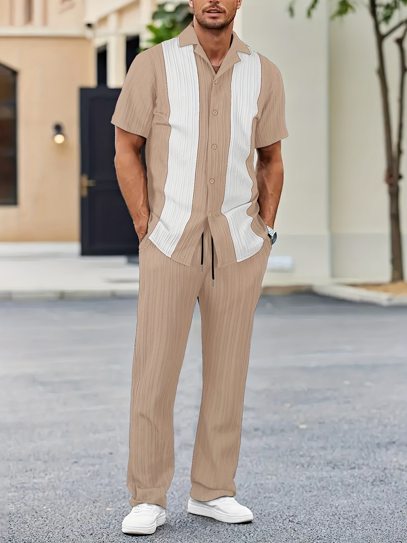 Men'S Color Block French Stripe Short Sleeve Shirt and Pants Set - Casual Button-Up Blazer with White Stripes, Dark Green Pants, Regular Fit for Casual Attire, Versatile Menswear | French Stripe Design | Nonstretch Fabric