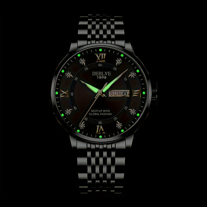 1pc Men'S Business Style Roman Dial Quartz Watch with Luminous Date and Day Display, Stainless Steel Alloy Strap, IPX7 Waterproof, Battery Operated, Elegant Fashion Accessory + Box