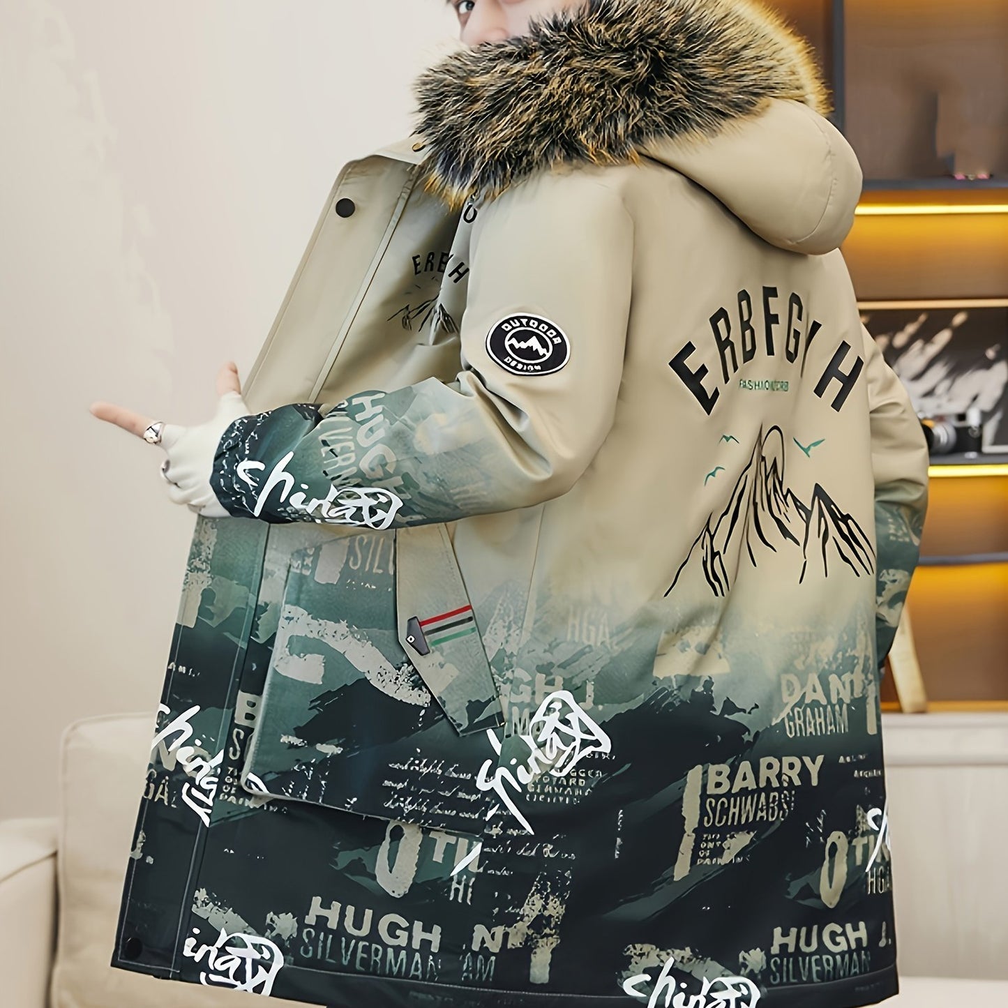 Men's Heavy-Duty Hooded Winter Jacket with Mountain Logo Back Print, Full-Zip Long Coat & Pockets - Large Hood for Extreme Cold, Machine Washable -Filled Outerwear (Casual/Climbing/Skiing) - Black, Winter Boots For Men, Men W